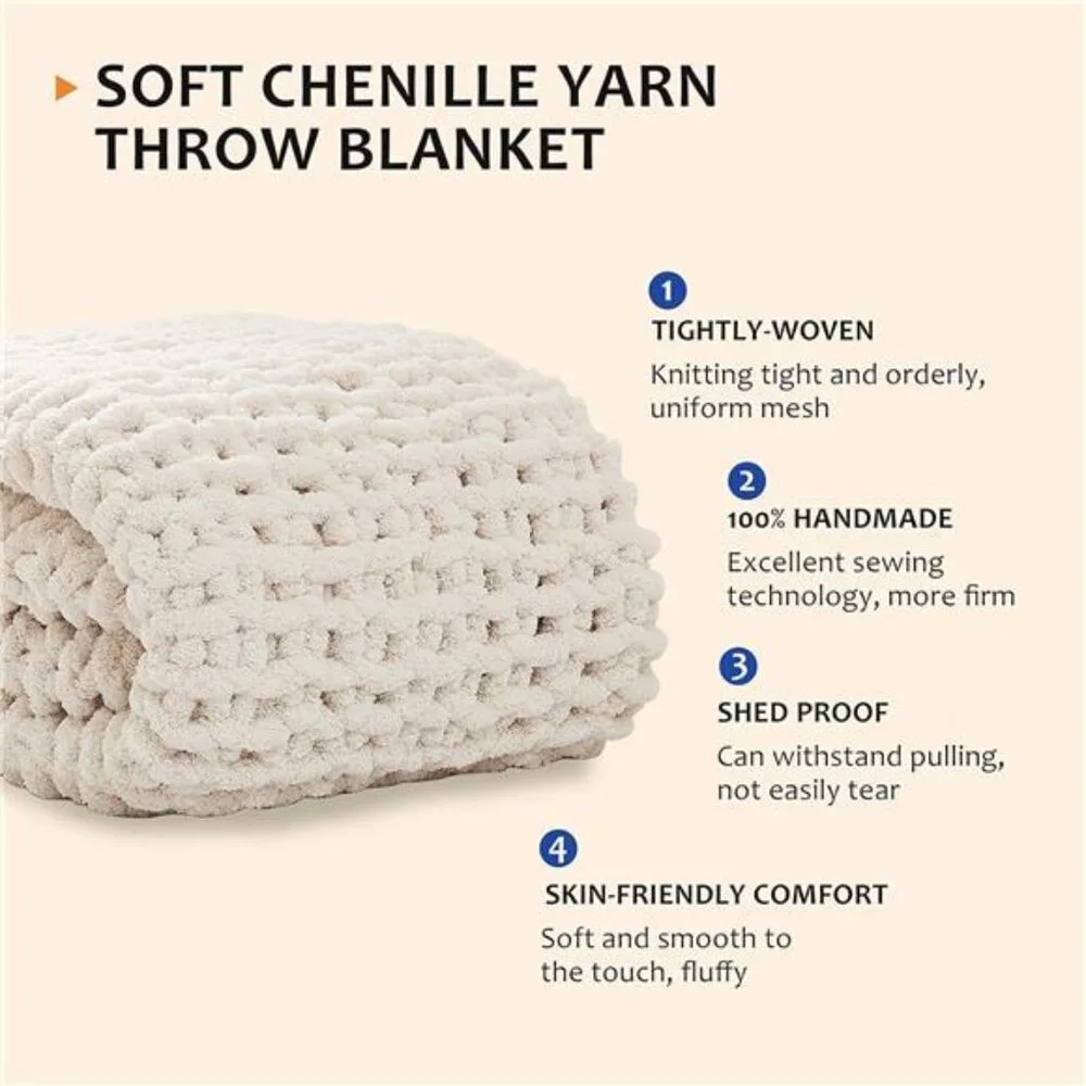 Chunky Knit Blanket Throw,Soft Chenille Yarn Throw 50x60，Handmade
